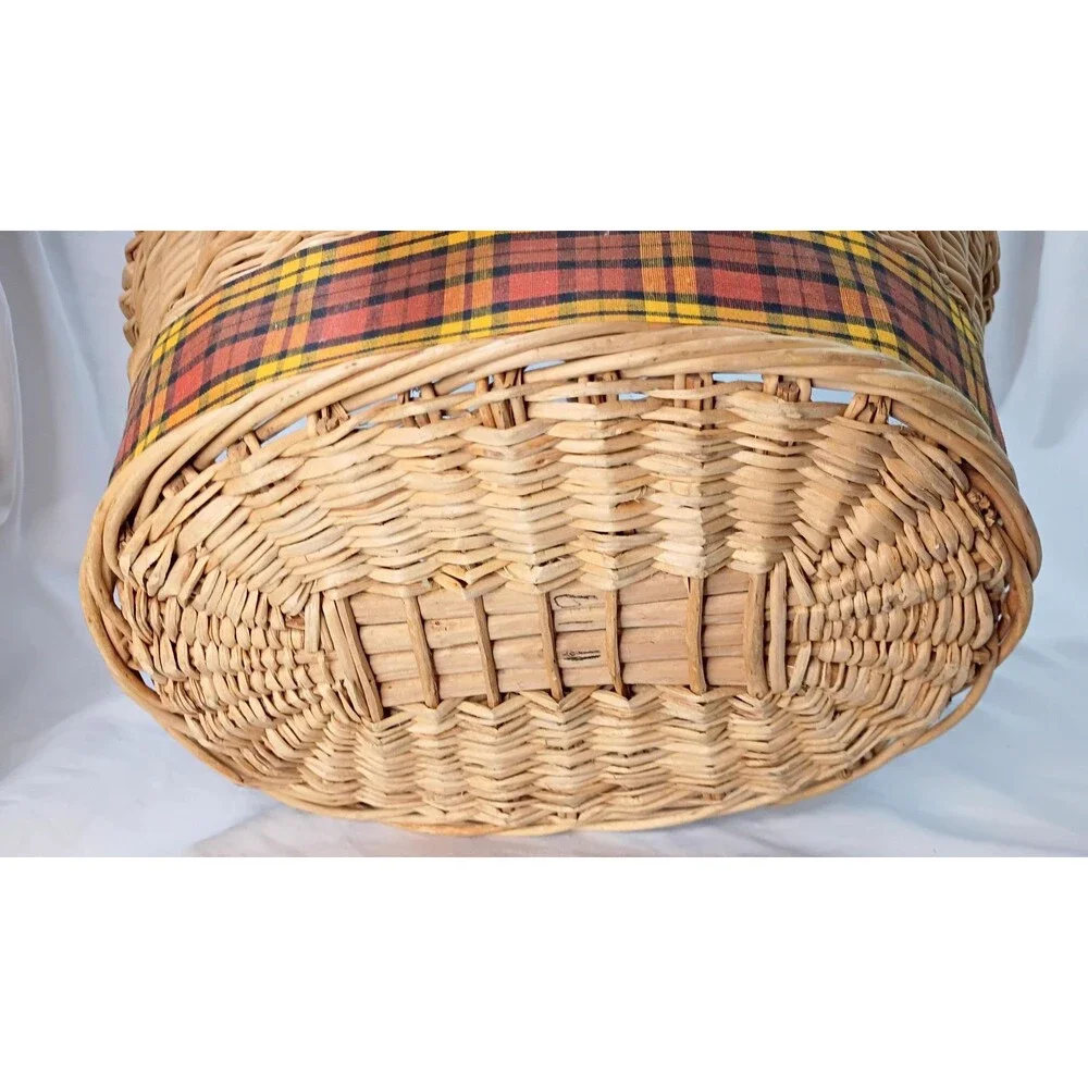 Vintage Oval Wicker Basket with Rustic Handle and Yellow/Orange Plaid Ribbon
